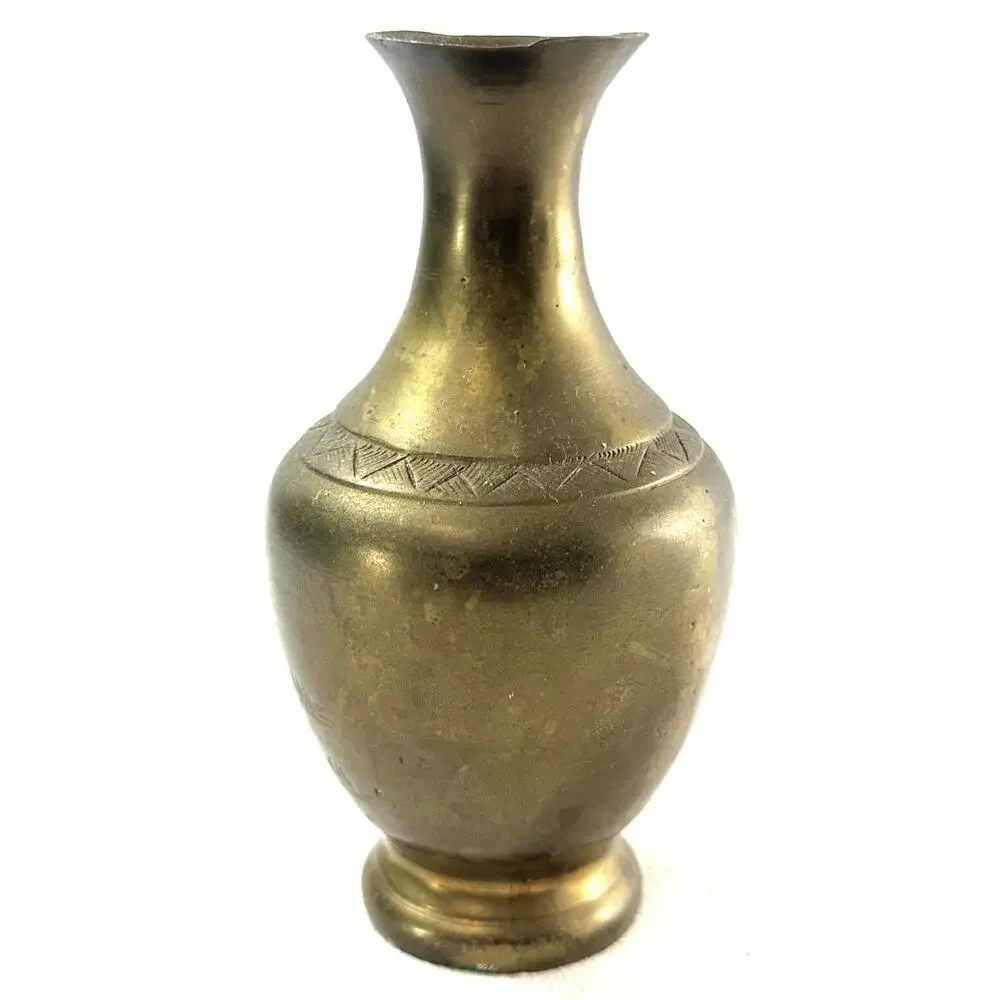 Solid Mid 20th Century Hand Engraved Asian Brass Vase 5” Family & Stag Deer